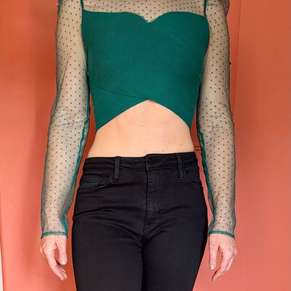Green Asymmetrical Crop Blouse with Cream Long Sleeves